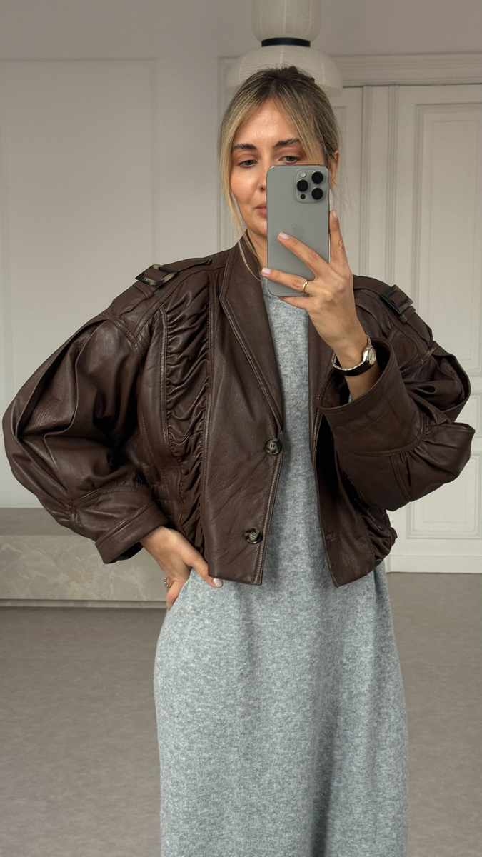 BRĄZOWA KURTKA SKÓRZANA W KROJU BOMBER