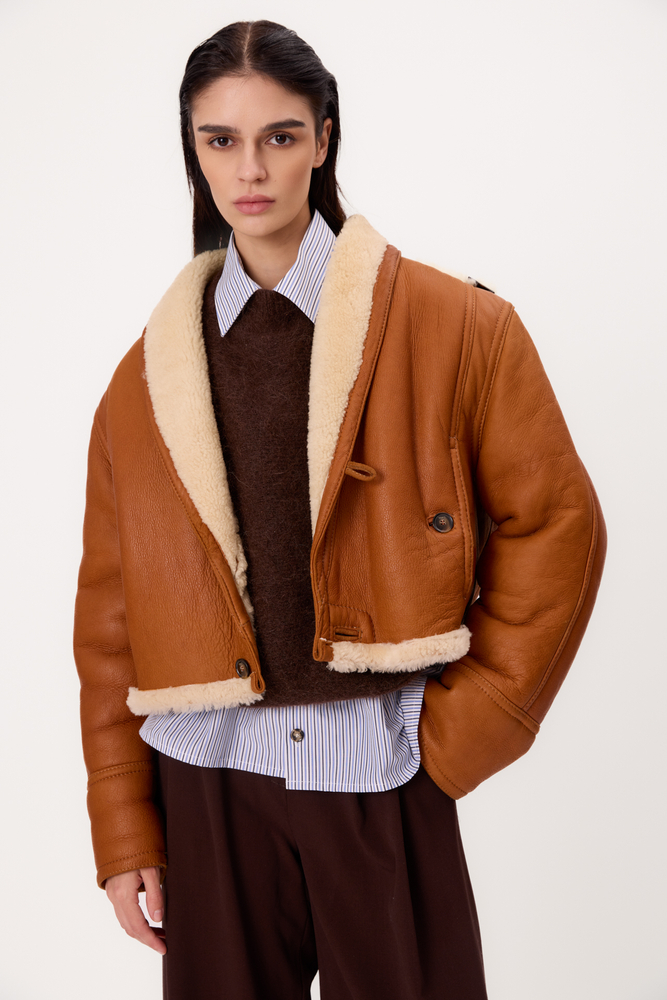 RED NATURAL SHEEPSKIN COAT WITH WHITE FUR