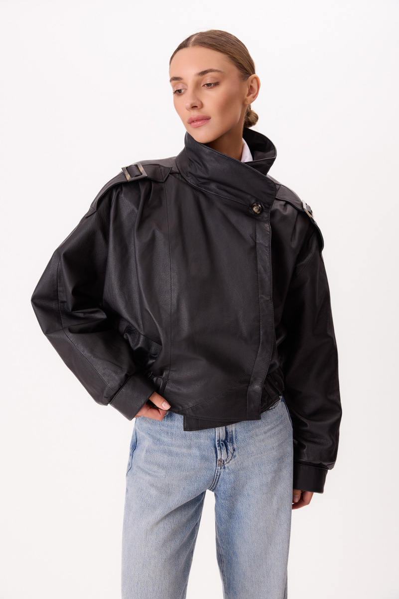 BLACK OVERSIZE LEATHER JACKET WITH HIGH COLLAR