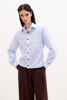 NIEBIESKA BAWEŁNIANA KOSZULA  Z MOCNYMI RAMIONAMI I ODPINANYMI PODUSZKAMI