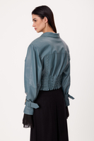 BLUE ADJUSTABLE WAIST TALL LEATHER JACKET WITH BUCKLES