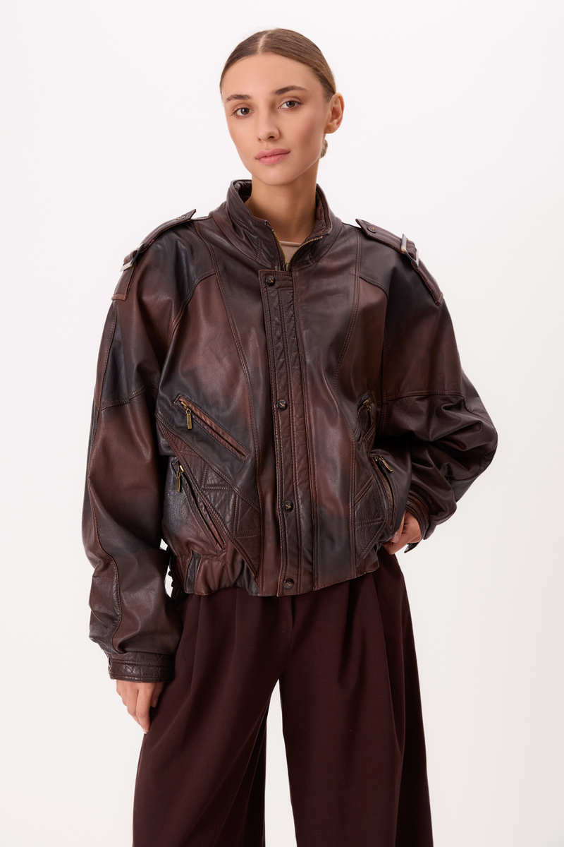 BROWN LEATHER BOMBER JACKET