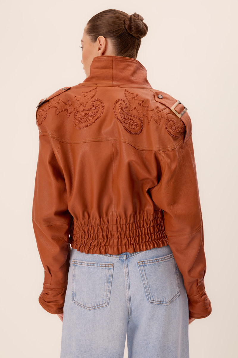 DECORATIVE RED WAISTED LEATHER JACKET WITH EPAGUNS