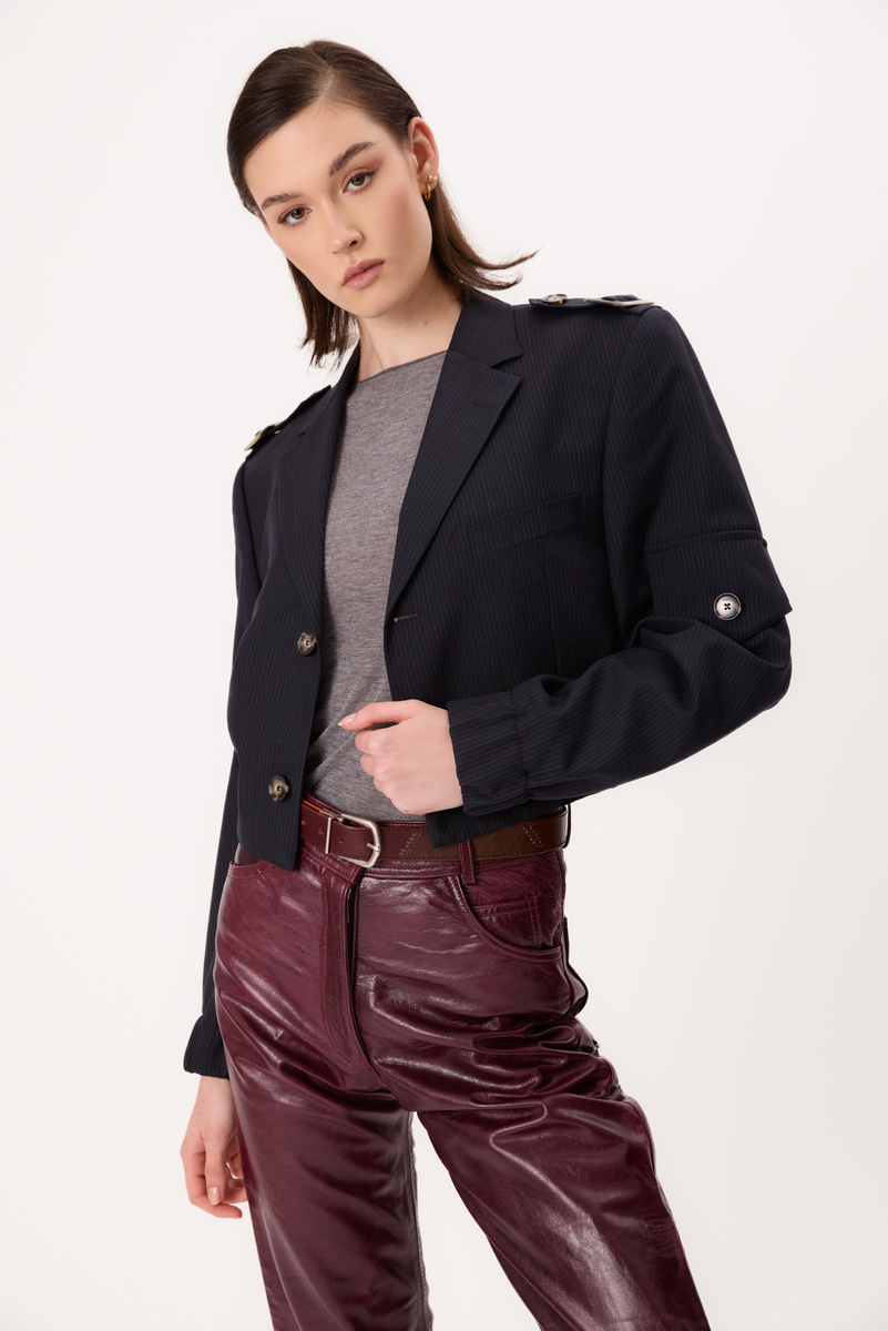 NAVY BLUE BOMBER JACKET WITH A DELICATE STRIP