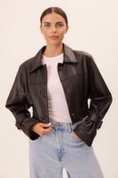 SHORT BLACK LEATHER JACKET WITH DECORATIVE BUCKLES IN CUT No5