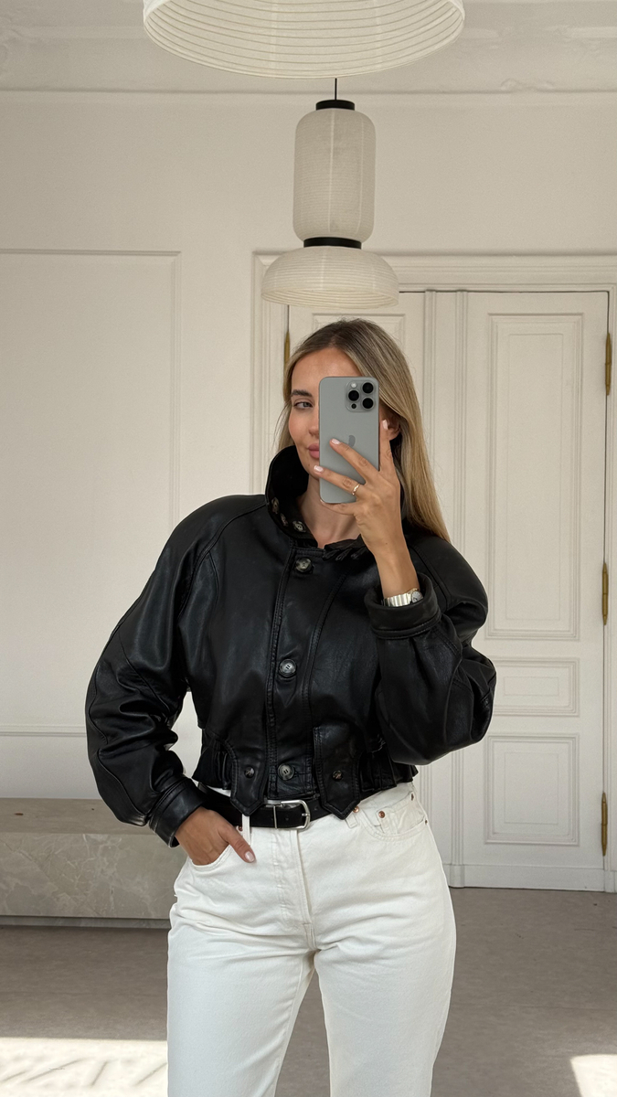 BLACK SHORT WAISTED LEATHER JACKET WITH HIGH COLLAR