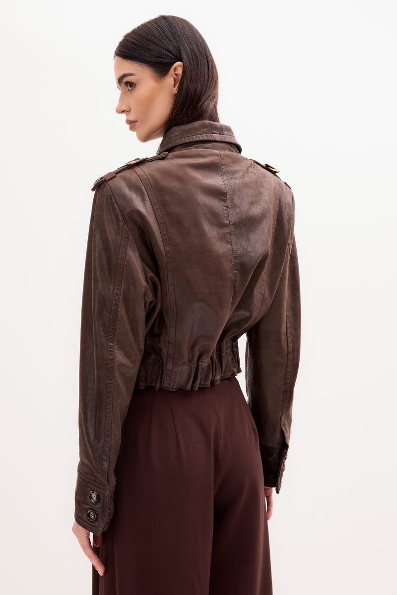 CHOCOLATE LEATHER JACKET WITH EPAULOS