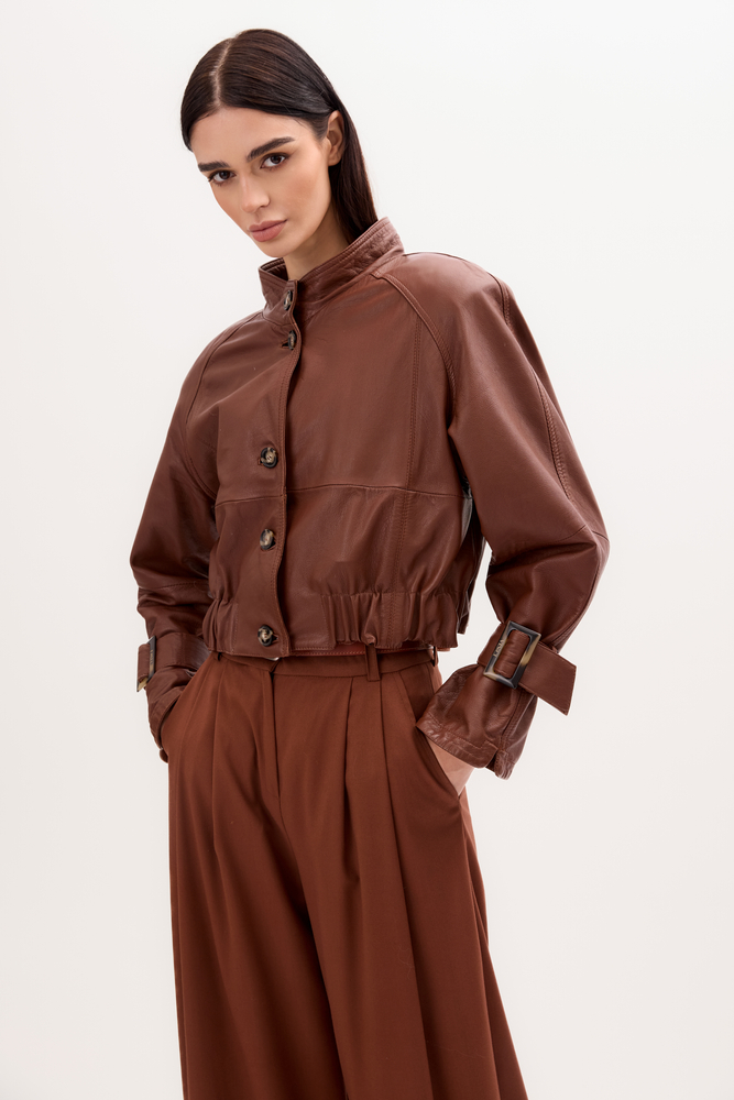 RED LEATHER JACKET WITH BUCKLES