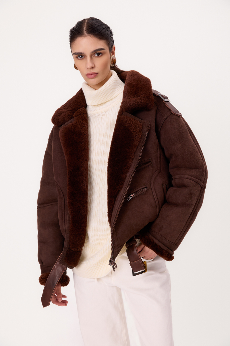 CHOCOLATE NATURAL SHEEPSKIN WITH A BELT
