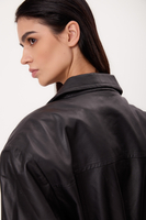 SHORT BLACK ADJUSTABLE WAIST REGULAR LEATHER JACKET WITH BUCKLES