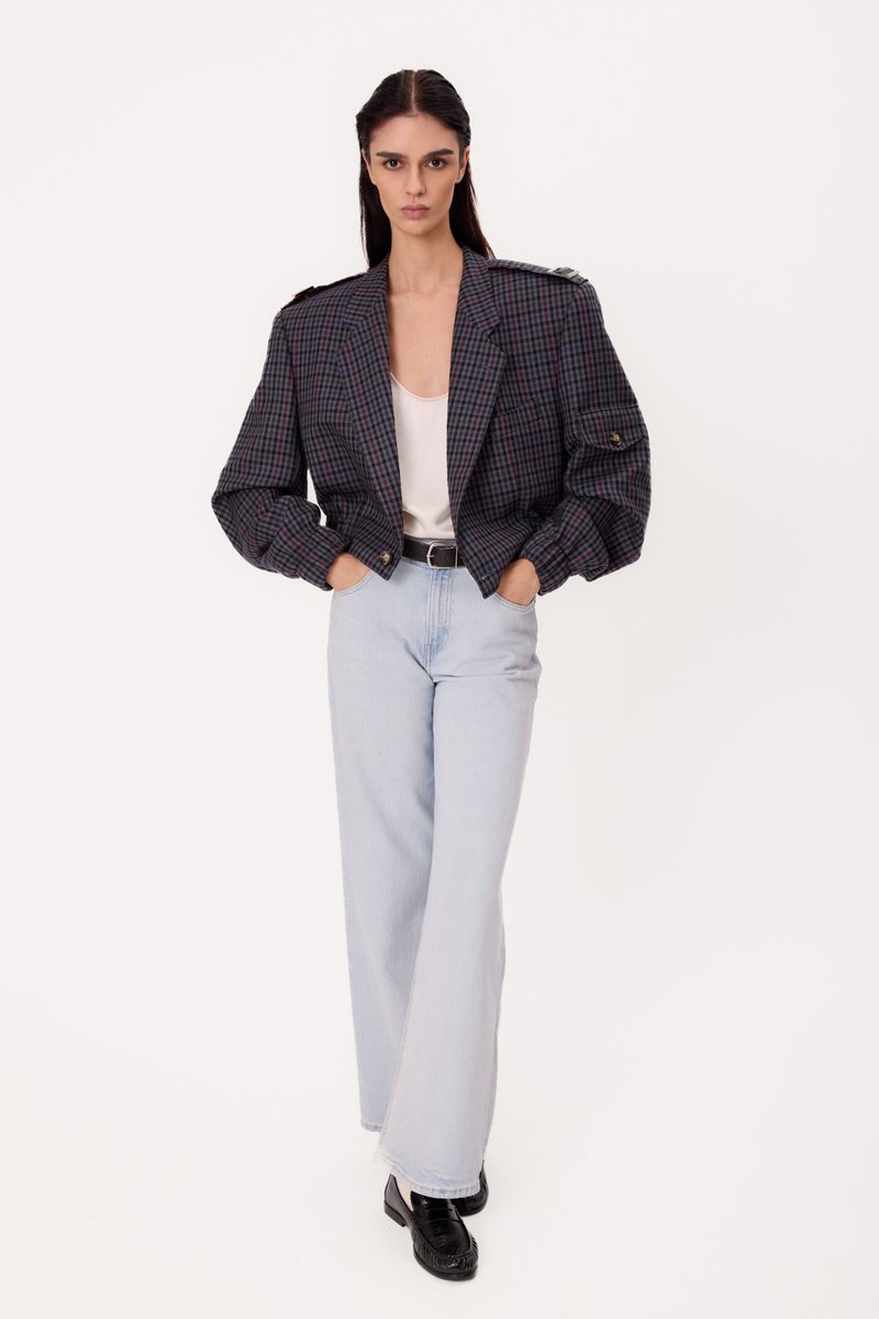 NAVY BLUE REGULAR BOMBER JACKET WITH COLORFUL HOUNDSTOOTH