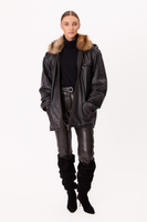 LONG BLACK OVERSIZE LEATHER JACKET WITH DETACHABLE FUR
