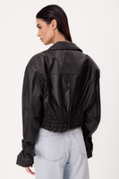 SHORT BLACK ADJUSTABLE WAIST REGULAR LEATHER JACKET WITH BUCKLES