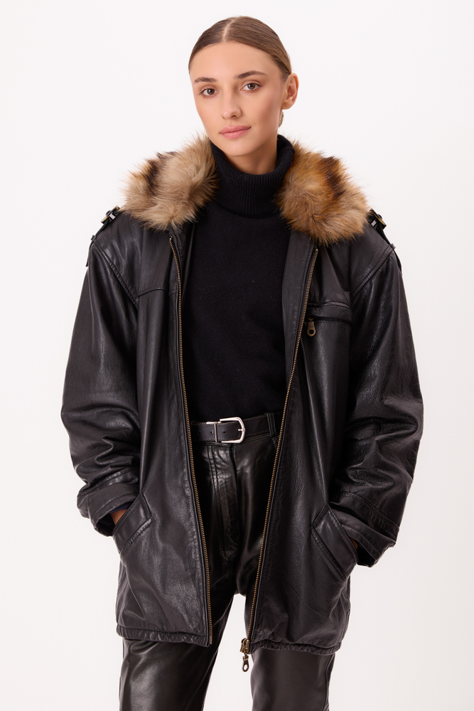 LONG BLACK OVERSIZE LEATHER JACKET WITH DETACHABLE FUR