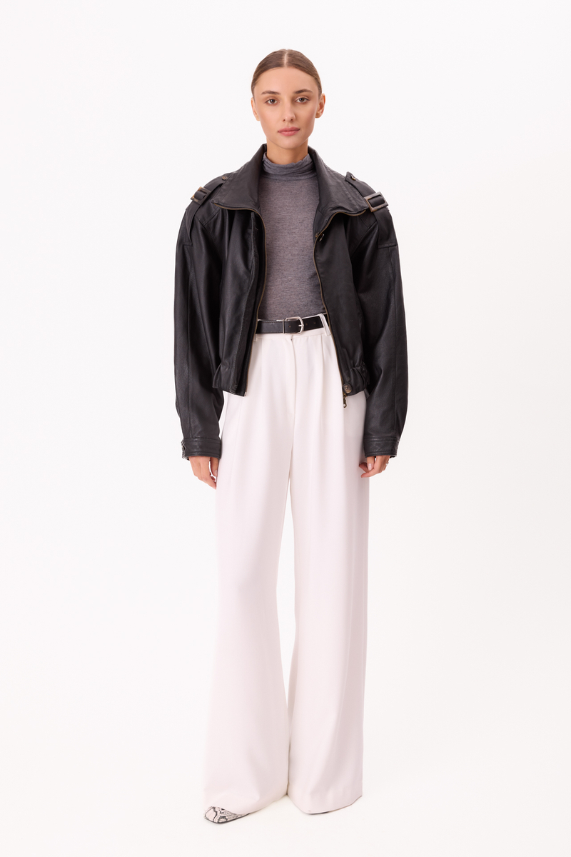 BLACK LEATHER JACKET WITH EPAULOS AND HIGH COLLAR