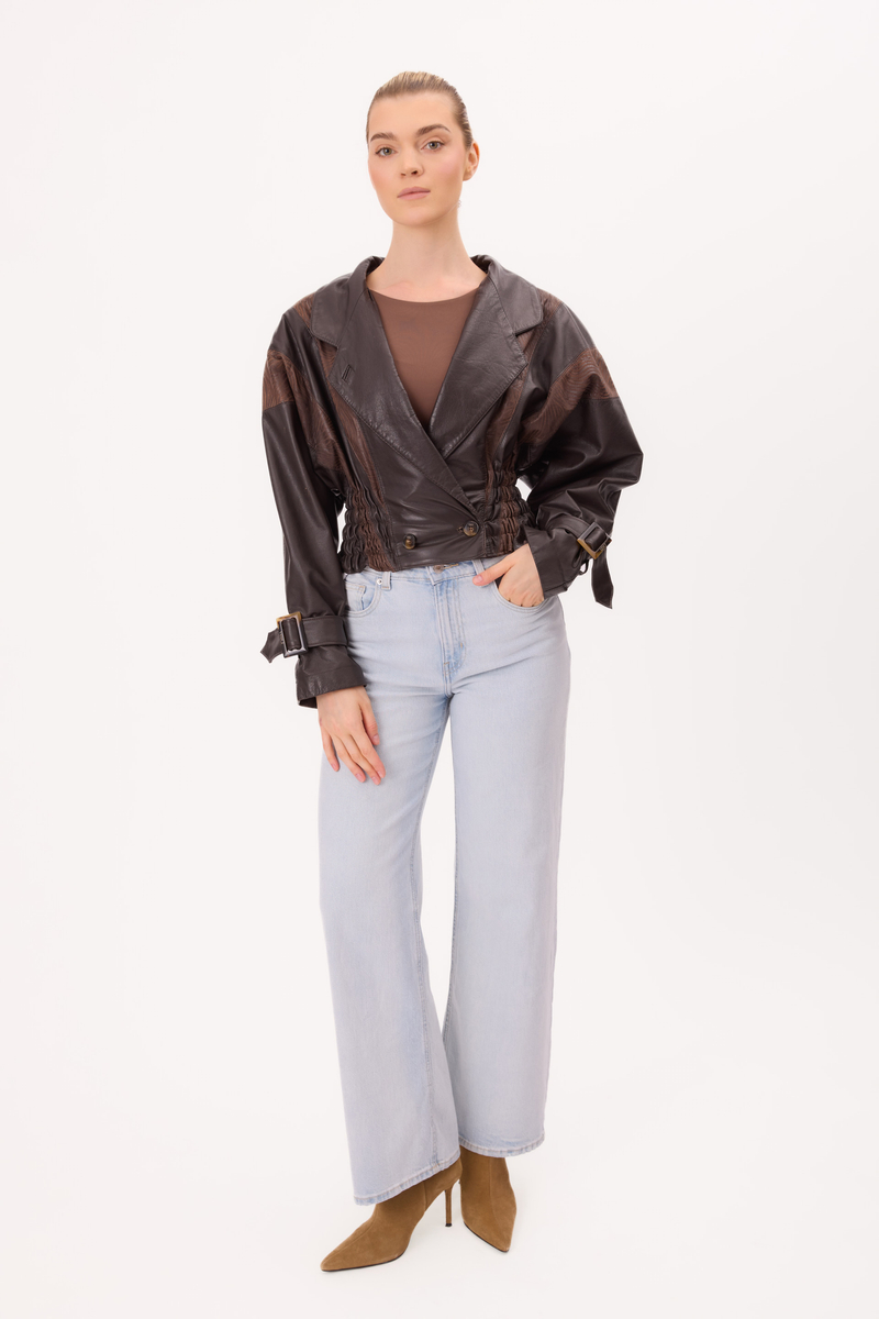 CHOCOLATE LEATHER JACKET WITH BROWN DECORATIVE INSERTS 