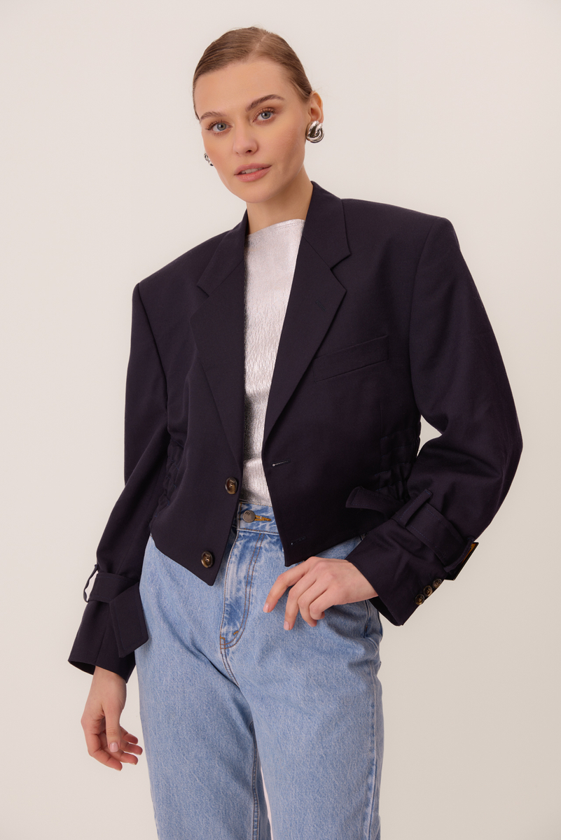 NAVY SMOOTH FITTED JACKET WITH BUCKLES MODEL No5