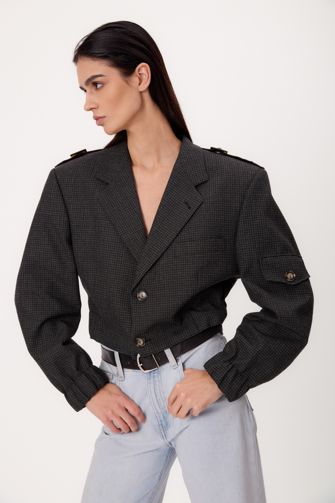 GRAPHITE CHECKED PETITE BOMBER JACKET WITH EPADS