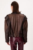BROWN LEATHER JACKET WITH DECORATIVE TEXTURE