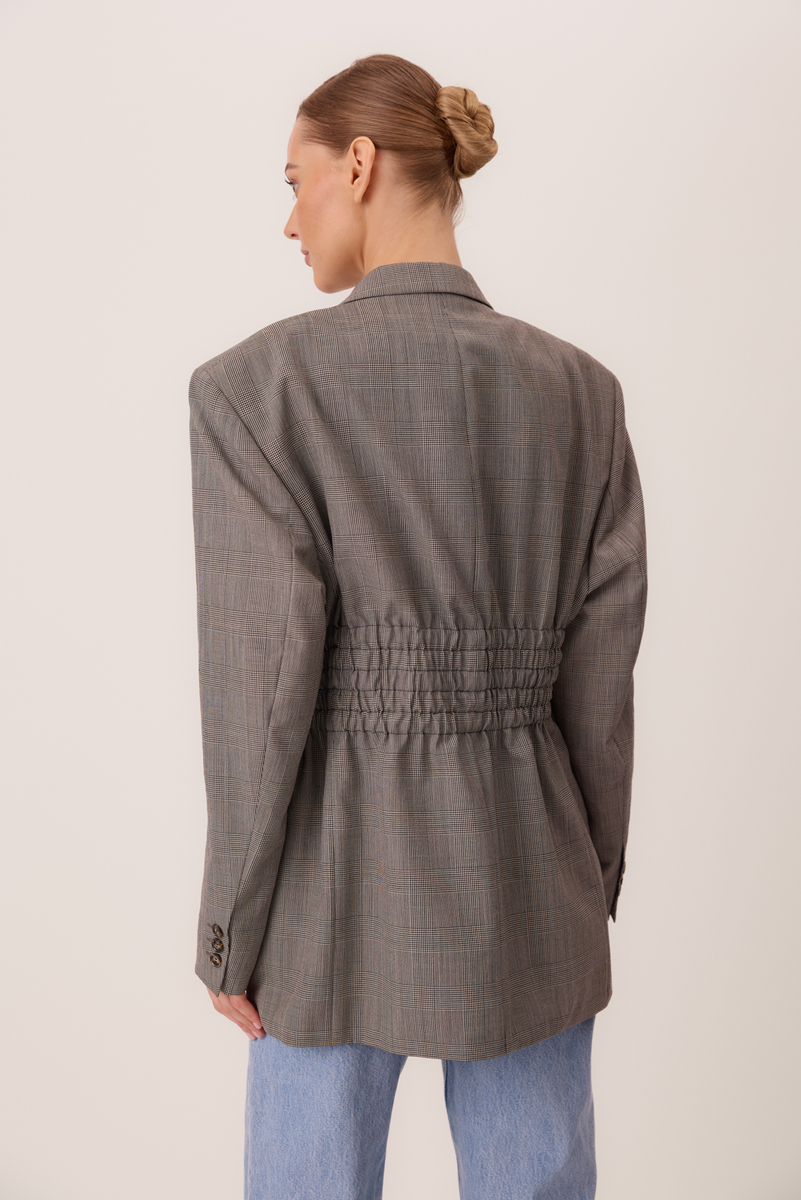 LONG GRAY DOUBLE-BREASED JACKET WITH ADJUSTABLE WAIST