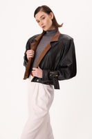 BLACK FITTED LEATHER JACKET WITH BROWN INSERTS
