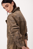LONG GREEN SUEDE PETITE LEATHER JACKET WITH ADJUSTABLE WAIST AND BELT