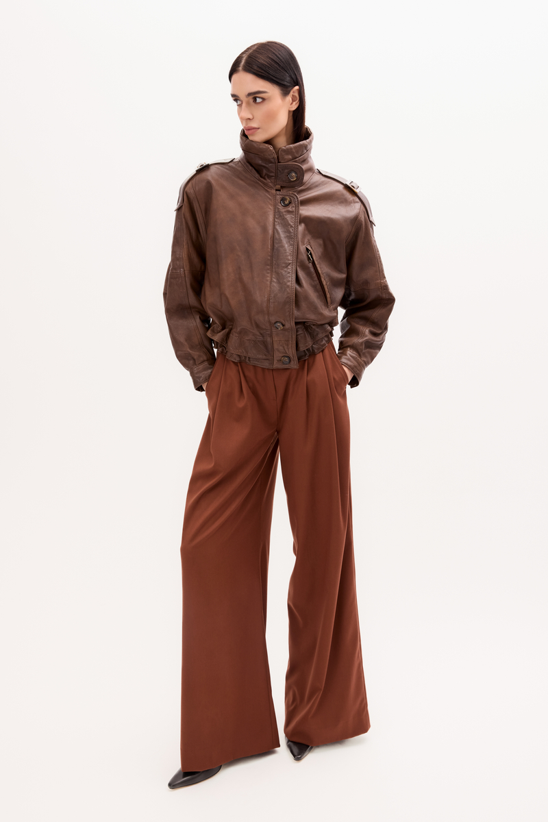CHOCOLATE LEATHER BOMBER JACKET WITH HIGH COLLAR