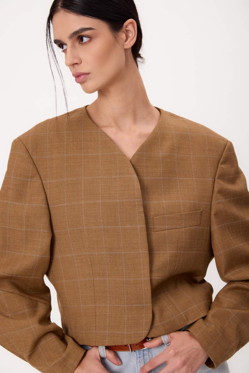 SHORT STRAIGHT REGULAR BEIGE JACKET WITH LIGHT CHECK MODEL No9