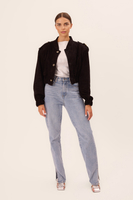 BLACK VELVET SHORT BOMBER JACKET WITH SHOULDER ELEMENTS