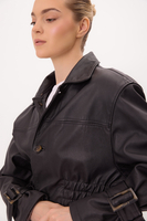 SHORT WAISTED BLACK LEATHER JACKET WITH BUCKLES