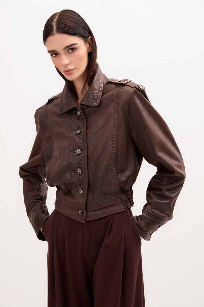 CHOCOLATE LEATHER JACKET WITH EPAULOS
