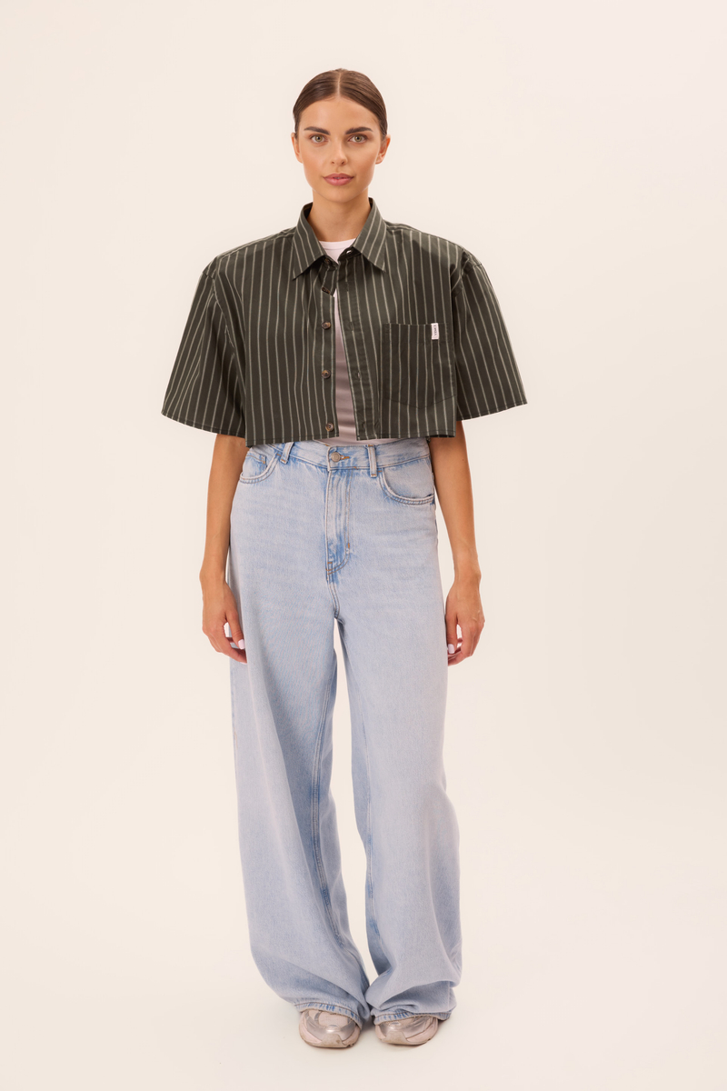 DARK GREEN STRIPED SHORT SHIRT WITH DETACHABLE SHOULDER PADS