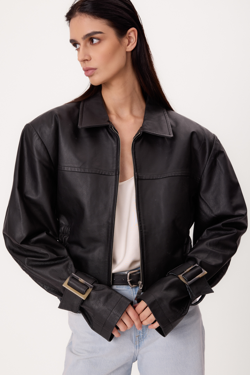 SHORT BLACK ADJUSTABLE WAIST REGULAR LEATHER JACKET WITH BUCKLES