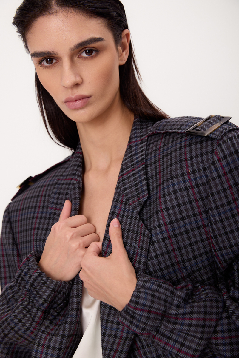 NAVY BLUE REGULAR BOMBER JACKET WITH COLORFUL HOUNDSTOOTH