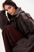 LONG GRAPHITE SUEDE JACKET WITH ADJUSTABLE WAIST