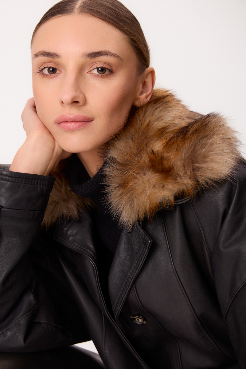 BLACK LEATHER JACKET WITH DETACHABLE FUR COLLAR