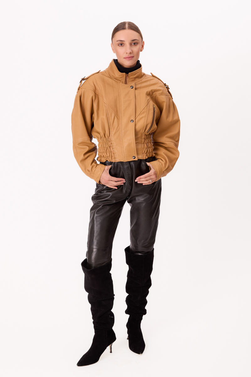CARAMEL ADJUSTABLE OVERSIZE LEATHER JACKET