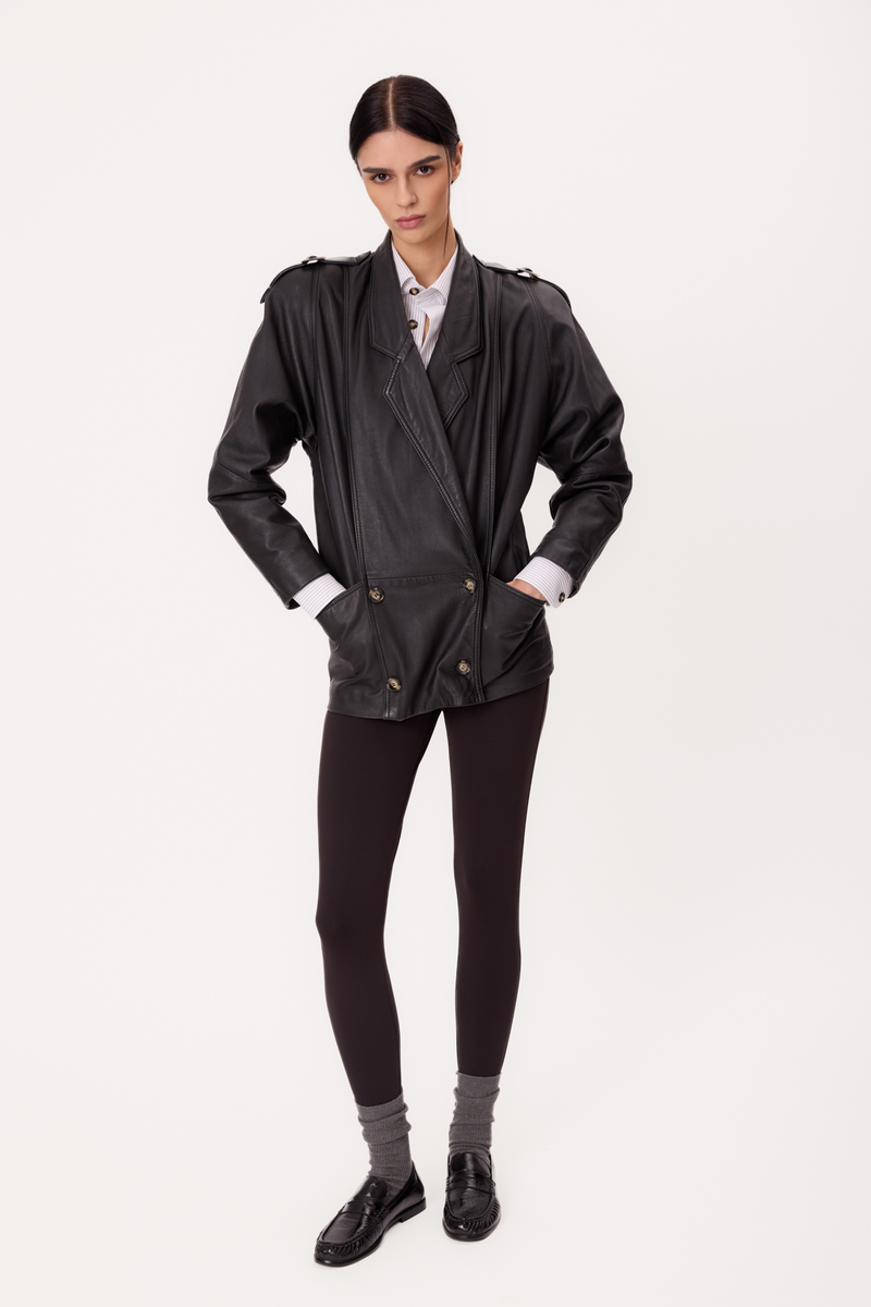LONG BLACK PETITE LEATHER JACKET WITH STRAIGHT BACK, BUCKLES AND EPADS
