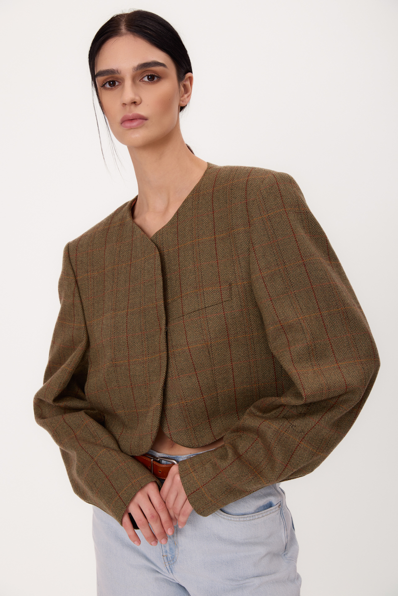 SHORT STRAIGHT GREEN TALL JACKET WITH RED AND ORANGE CHECK MODEL No9