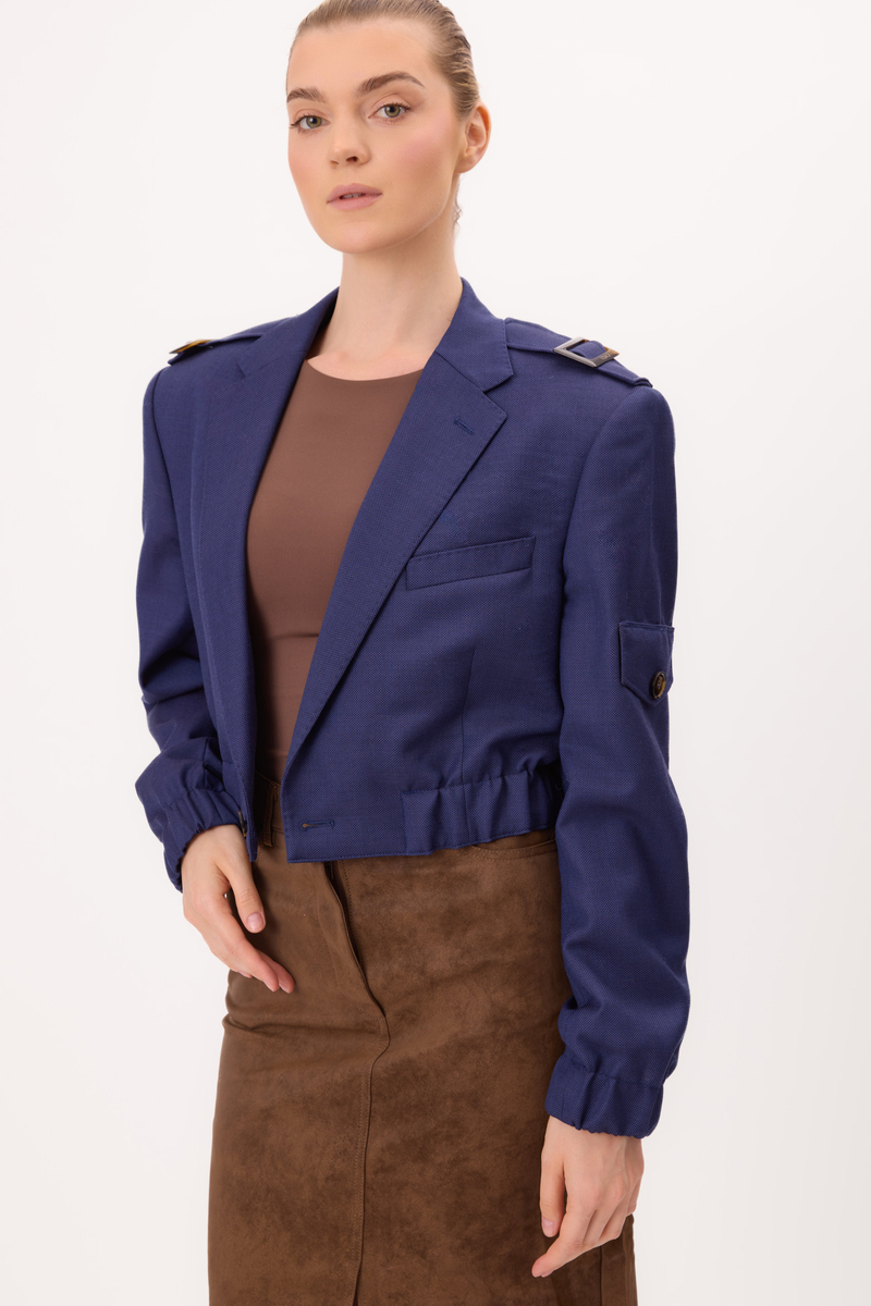 SHORT PLAIN CORNFLOWER BLUE BOMBER JACKET