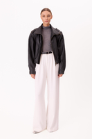 BLACK LEATHER JACKET WITH EPAULOS AND HIGH COLLAR