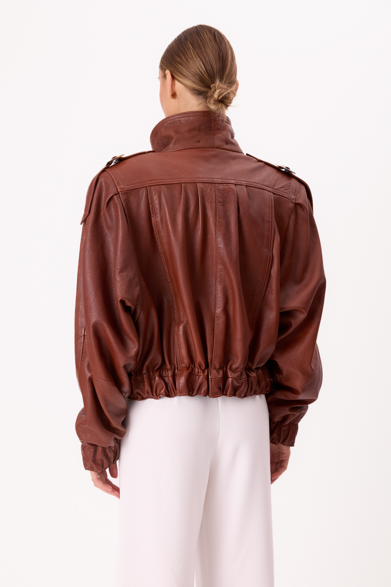 BROWN LEATHER BOMBER JACKET WITH HIGH COLLAR