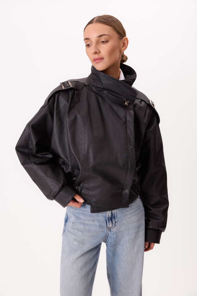 BLACK OVERSIZE LEATHER JACKET WITH HIGH COLLAR