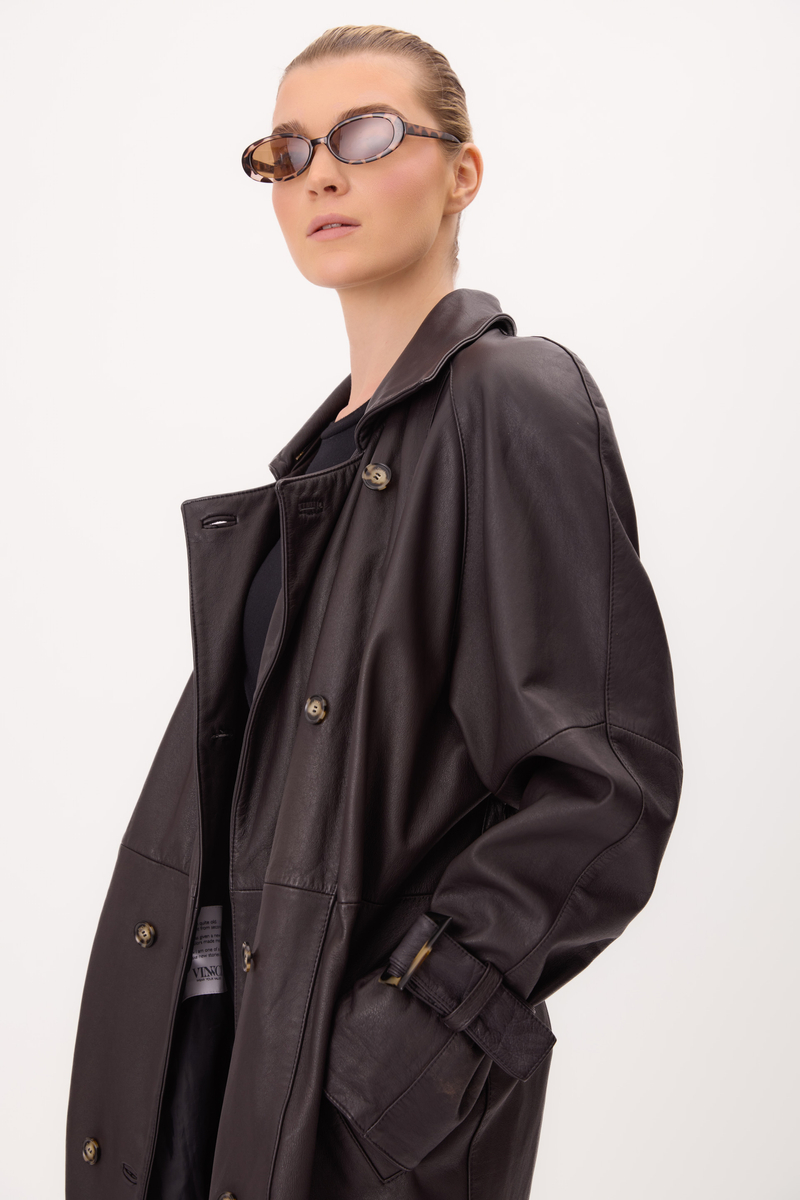 LONG CHOCOLATE TAPERED WAIST COAT WITH BUCKLES ON THE SLEEVES
