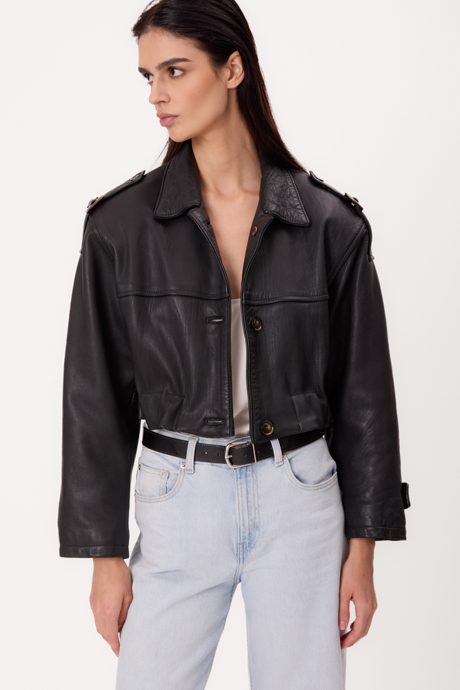 SHORT BLACK ADJUSTABLE WAIST PETITE LEATHER JACKET