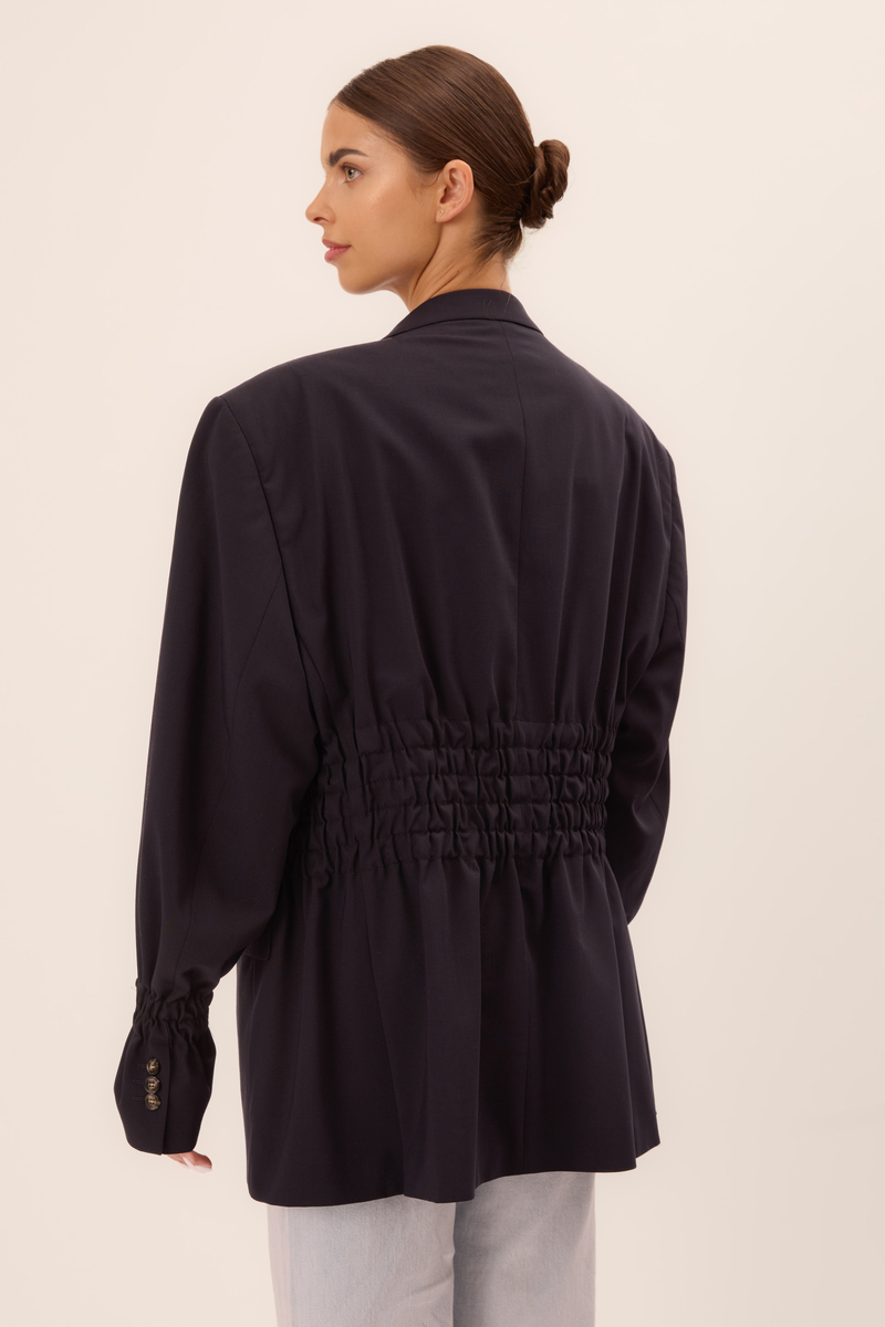 LONG PLAIN NAVY BLUE FITTED JACKET WITH ELASTIC SLEEVES