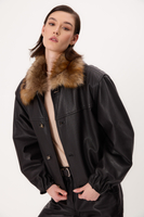 BLACK LEATHER JACKET WITH DETACHABLE FUR COLLAR