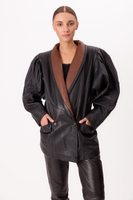 LONG BLACK AND BROWN FITTED LEATHER JACKET WITH WIDE SHOULDER