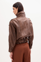 CHOCOLATE LEATHER BOMBER JACKET WITH HIGH COLLAR