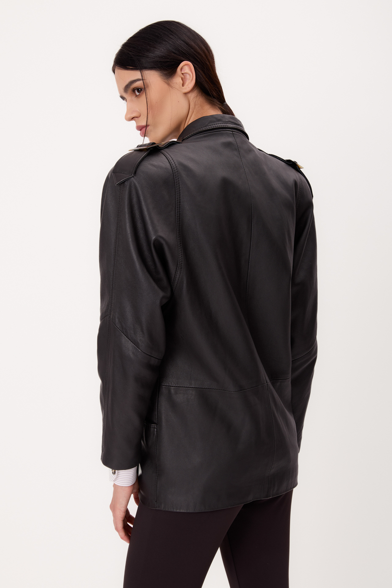LONG BLACK PETITE LEATHER JACKET WITH STRAIGHT BACK, BUCKLES AND EPADS
